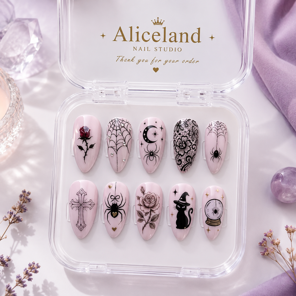 A set of ten decorative press-on nails displayed in a clear plastic case with the brand name 'Aliceland Nail Studio' printed on the inside lid. The nails have a pale pink base and feature various gothic and whimsical designs including spiders, a cat in a witch hat, a rose with a cross, a crescent moon, a spiderweb, and a crystal ball, accented with small gold glitter dots.