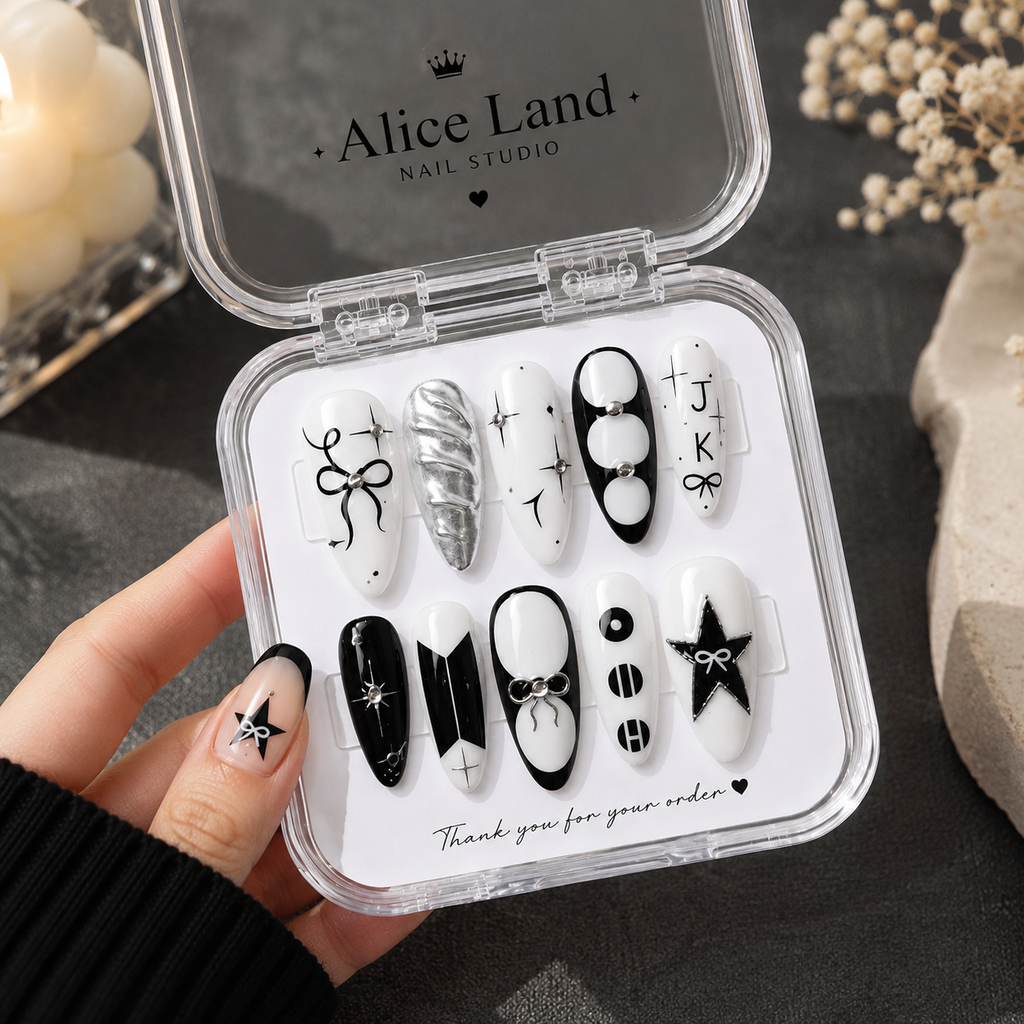 Midnight Coquette almond press on nails with black and white bow design and rhinestone accents