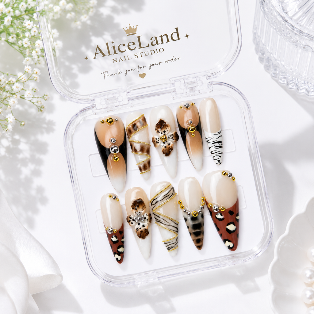 Mocha Safari almond press on nails with leopard print and 3D floral accents