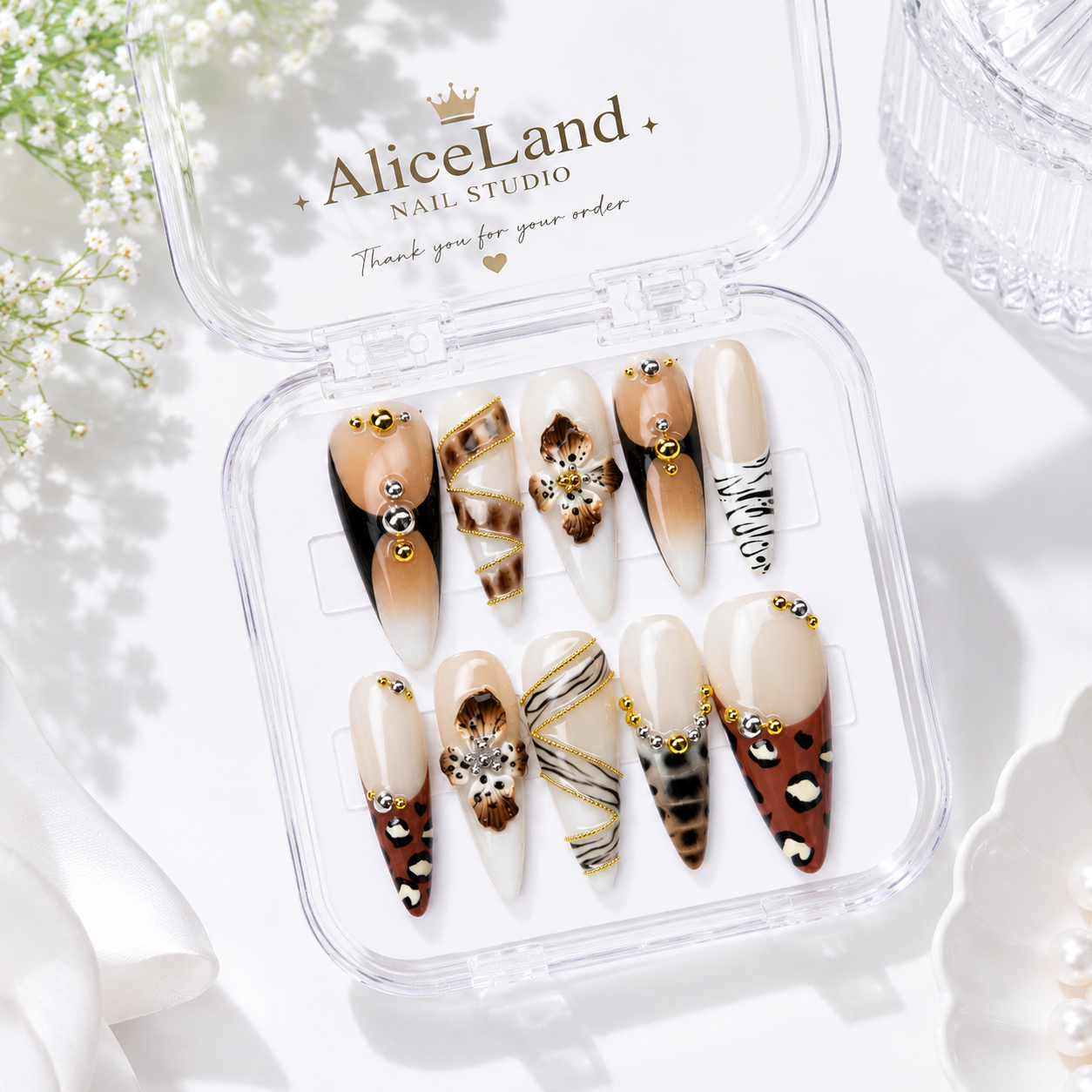 Mocha Safari almond press on nails with leopard print and 3D floral accents