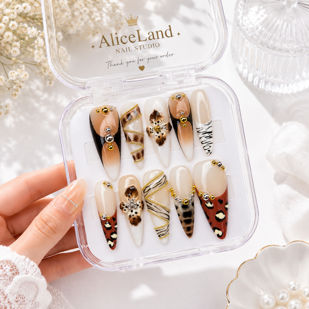 Mocha Safari almond press on nails with leopard print and 3D floral accents