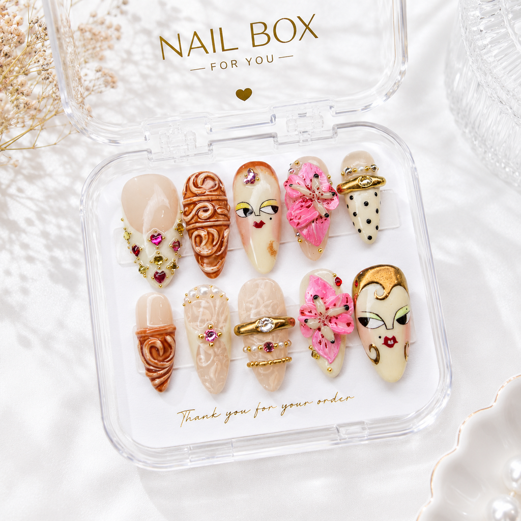 Muse Bloom almond press on nails with abstract face art and 3D lily flower design