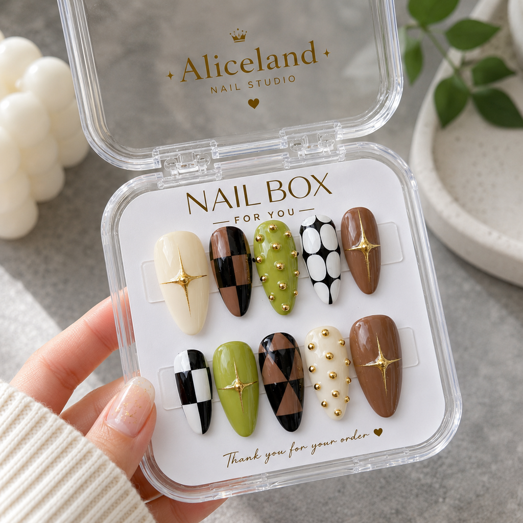 Olive Luxe almond press on nails with olive green checkerboard and gold chrome accents