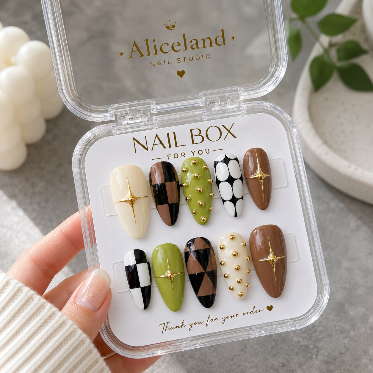 Olive Luxe almond press on nails with olive green checkerboard and gold chrome accents