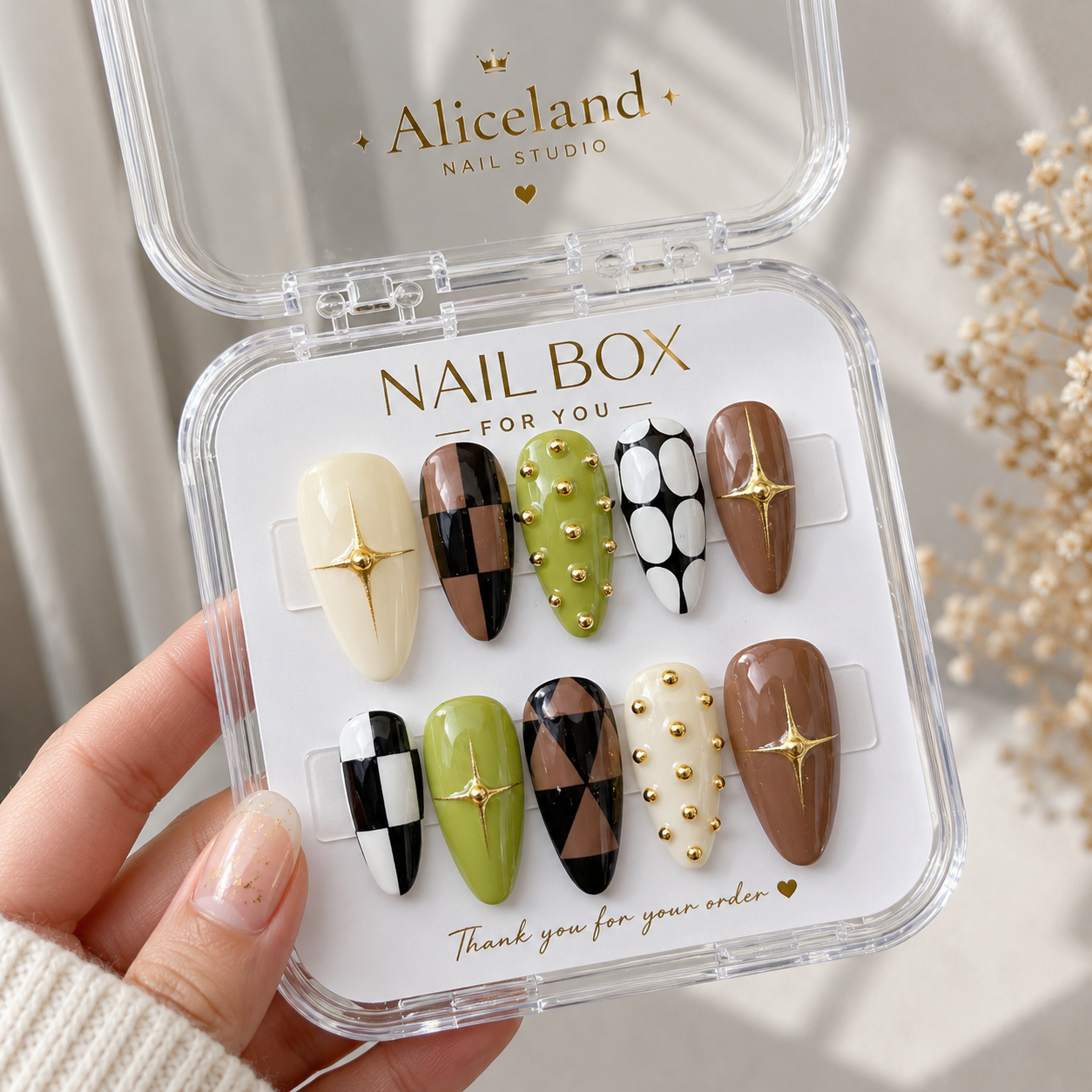 Olive Luxe almond press on nails with olive green checkerboard and gold chrome accents
