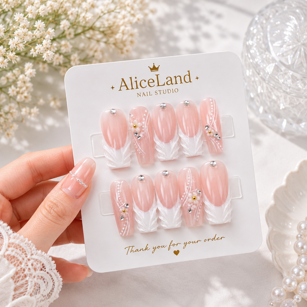 Pearl Whisper almond press on nails with white botanical accents and pearl details