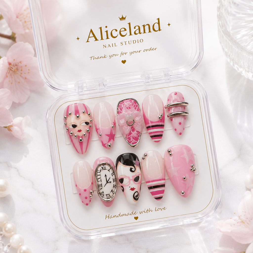 A set of 10 pink and white decorative press-on nails displayed in a clear plastic case with the brand name 'Aliceland NAIL STUDIO' printed on the inside lid. The nails feature various designs including polka dots, stripes, rhinestones, and face illustrations.