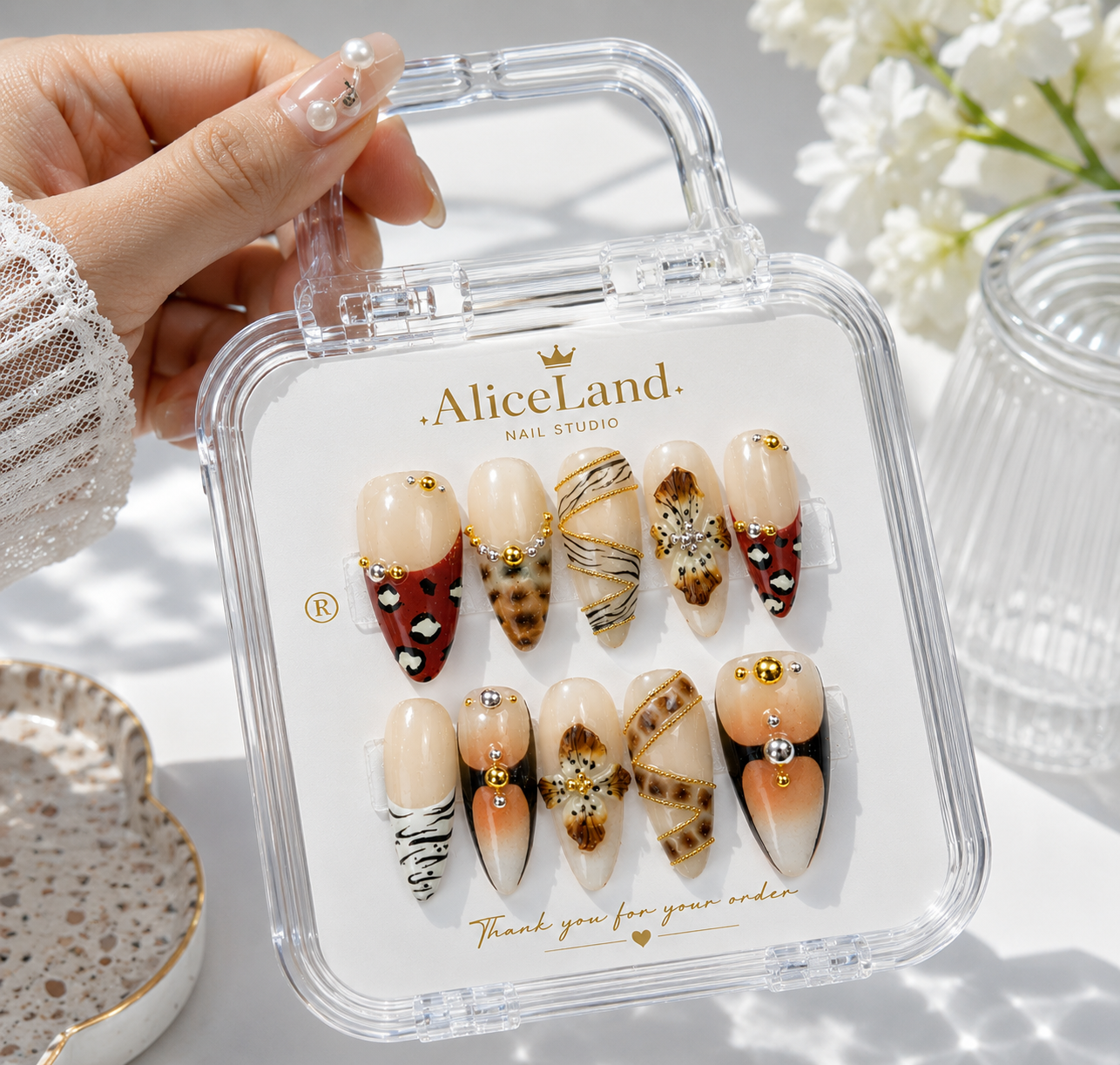 Safari bloom almond press on nails with leopard print and 3D flower design