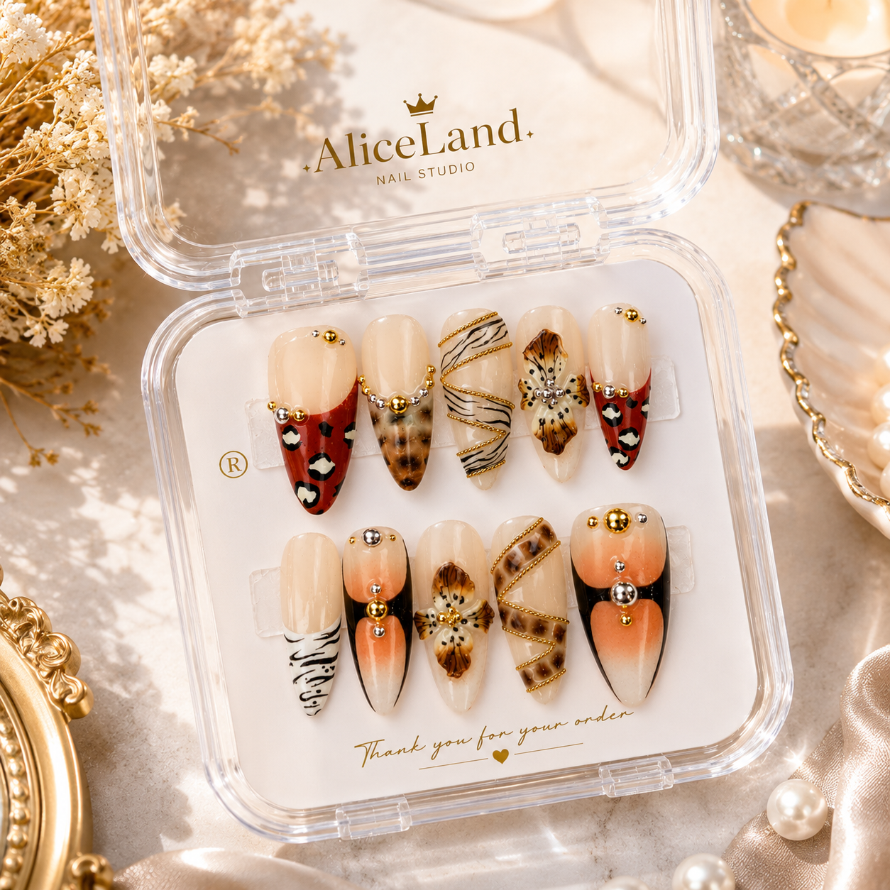 Safari bloom almond press on nails with leopard print and 3D flower design