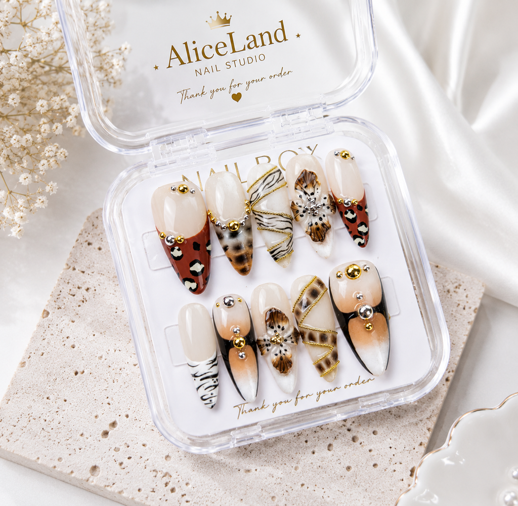 Savanna Luxe Almond Press On Nails with 3D Floral & Leopard Design