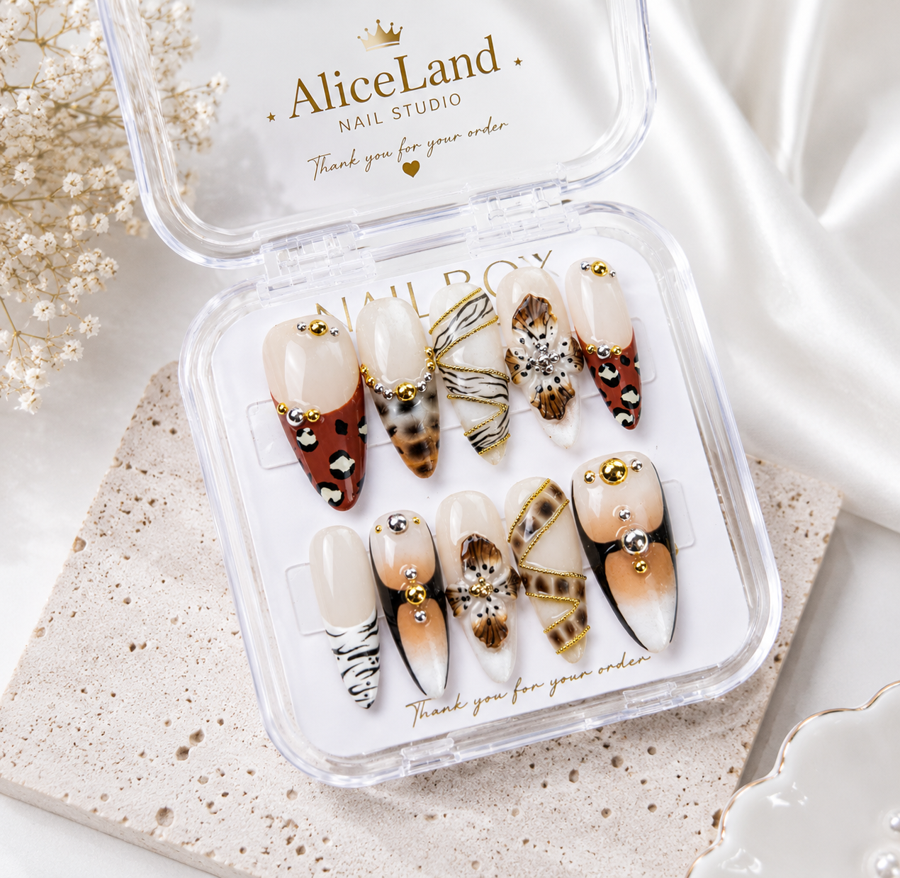 Savanna Luxe Almond Press On Nails with 3D Floral & Leopard Design
