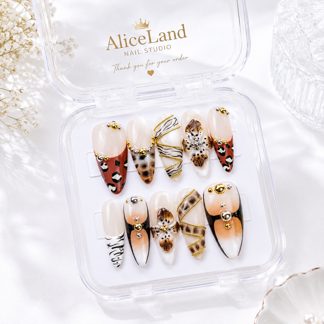 Savanna Luxe Almond Press On Nails with 3D Floral & Leopard Design
