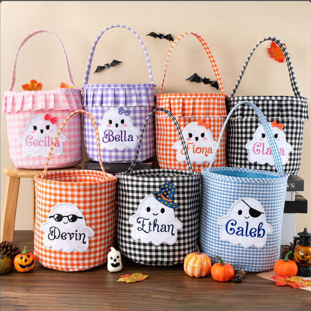 Personalized gingham ghost Halloween trick or treat bags in multiple colors