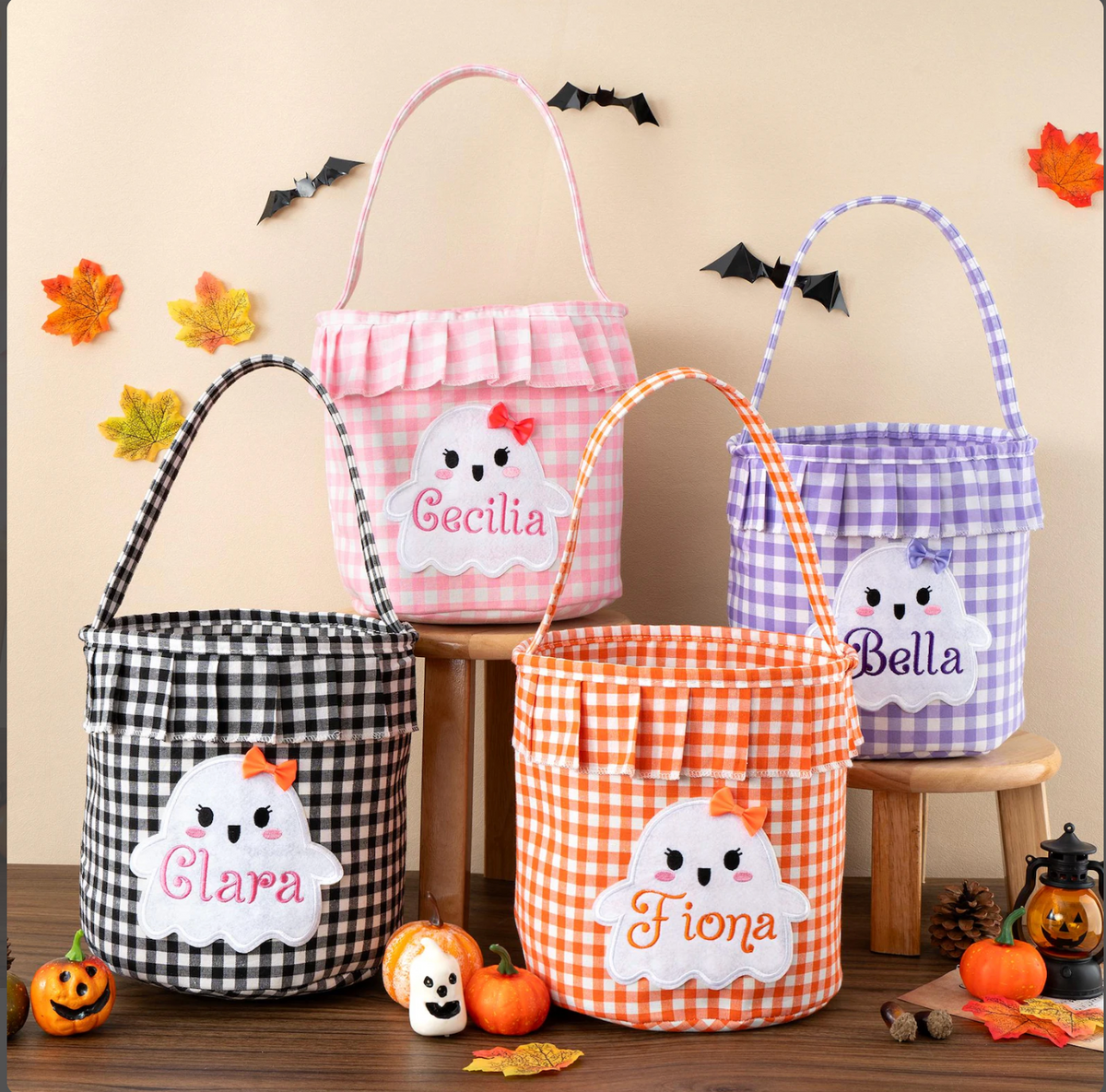 Personalized Halloween gingham trick or treat bags