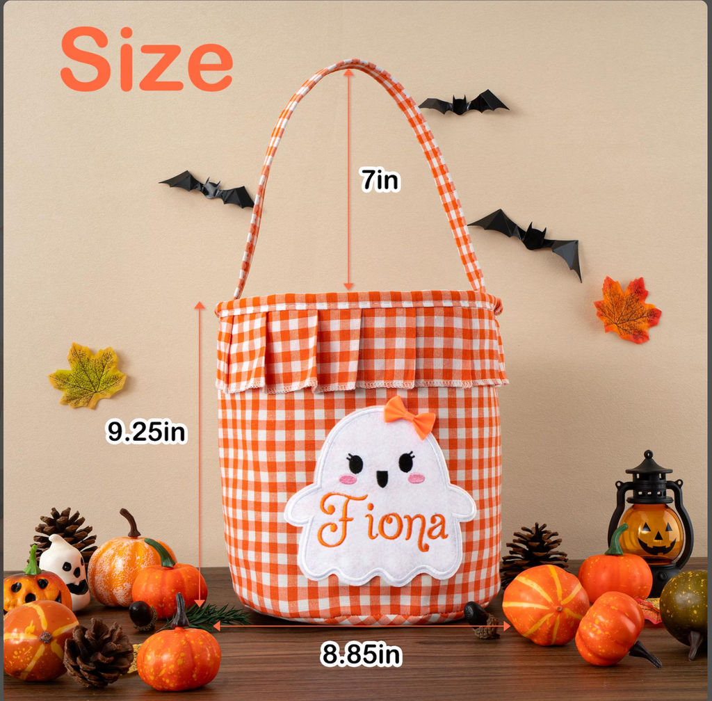 Orange gingham Halloween trick or treat bag size guide