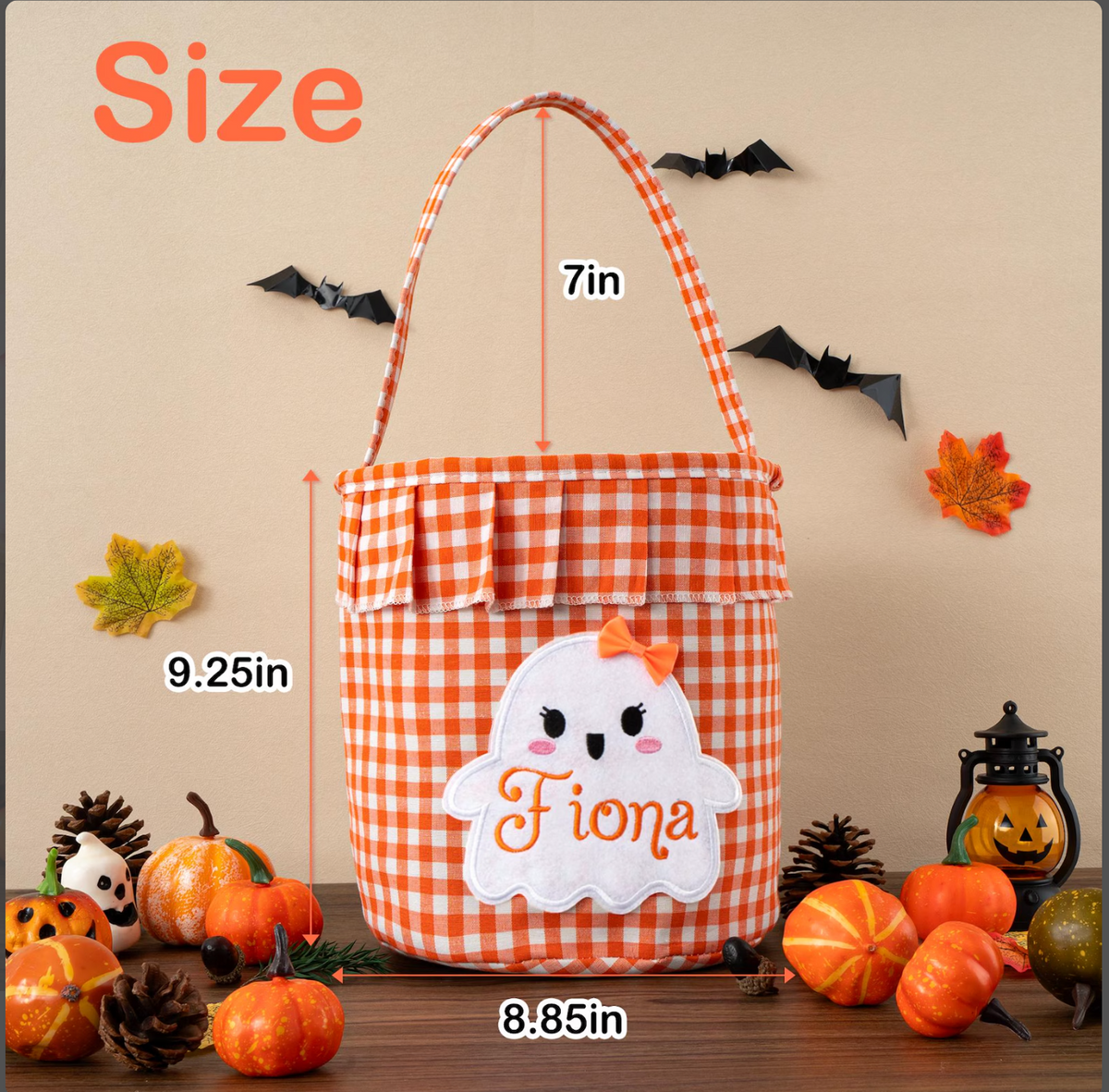 Orange gingham Halloween trick or treat bag size guide