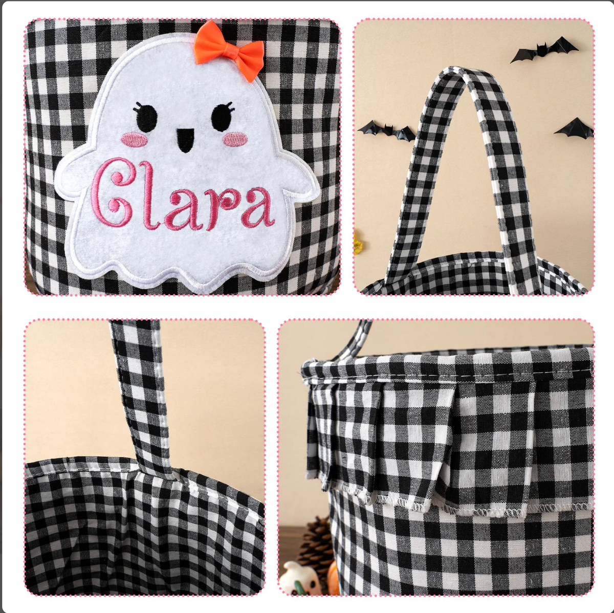 Close up details of personalized gingham Halloween treat bag
