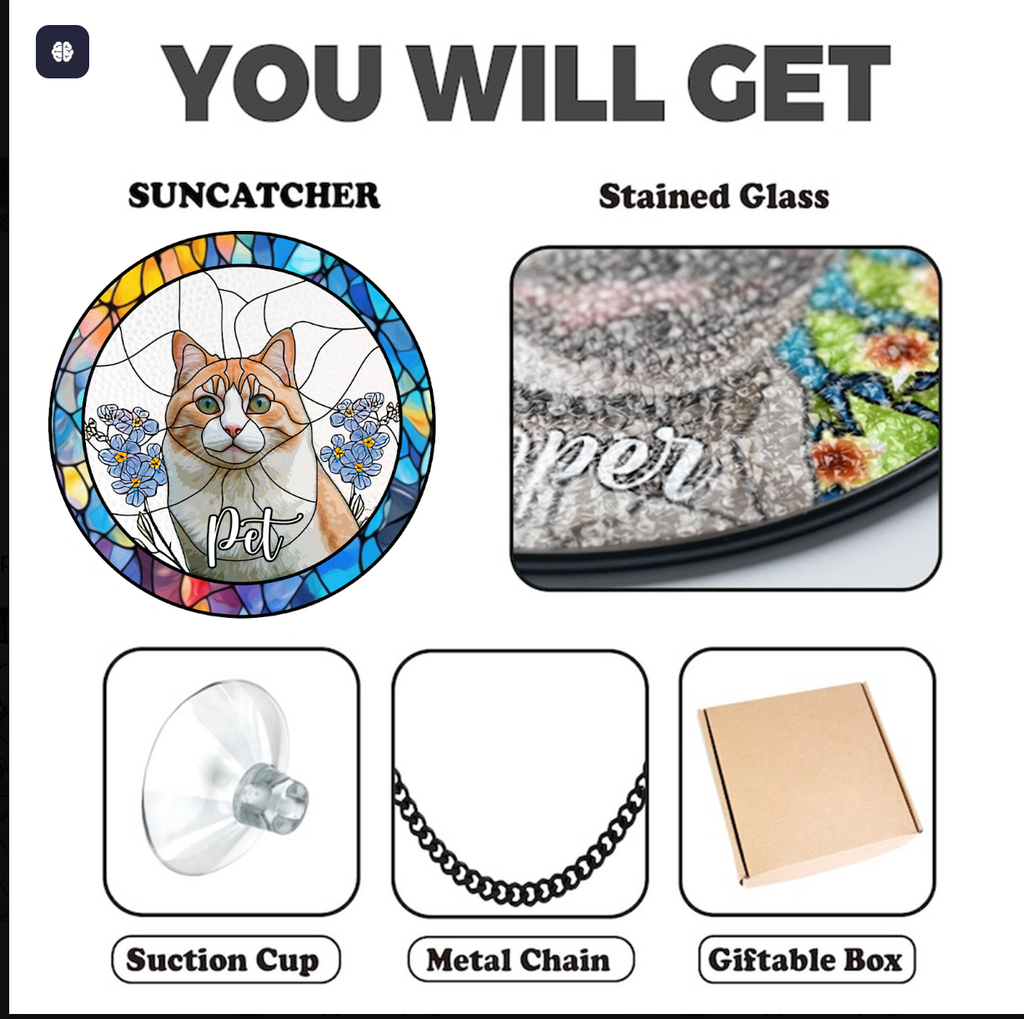 Glass suncatcher accessories including suction cup metal chain and giftable box
