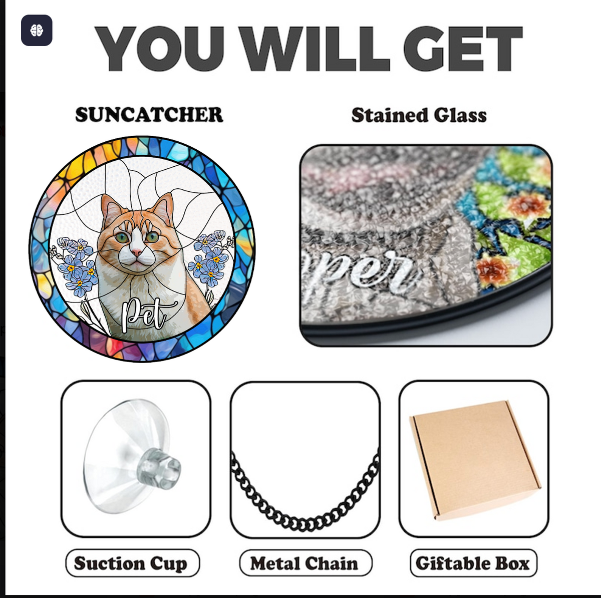 Glass suncatcher accessories including suction cup metal chain and giftable box