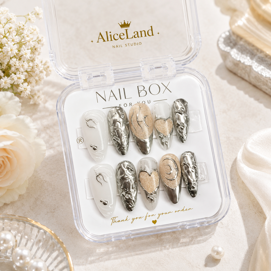 Silver Amour almond press on nails with chrome metallic heart design