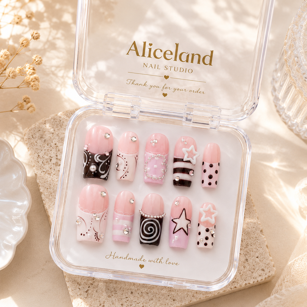 Sugar Pop Coquette press on nails featuring glossy pink nail art, 3D star charms, candy stripes and rhinestone accents