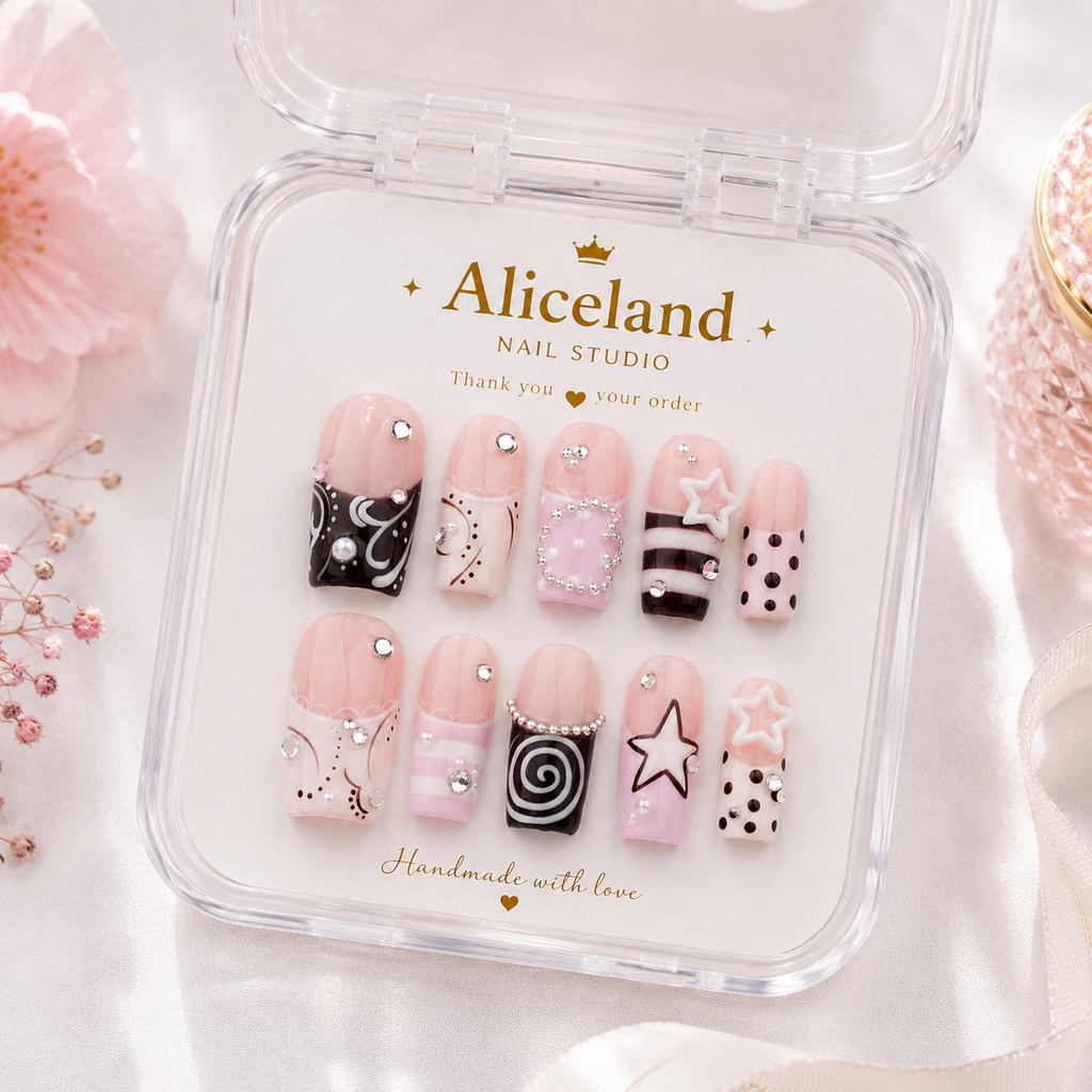 Sugar Pop Coquette press on nails featuring glossy pink nail art, 3D star charms, candy stripes and rhinestone accents
