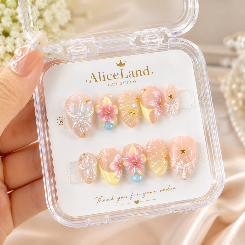 Tropical blossom almond press on nails with 3D hibiscus flowers and shell design