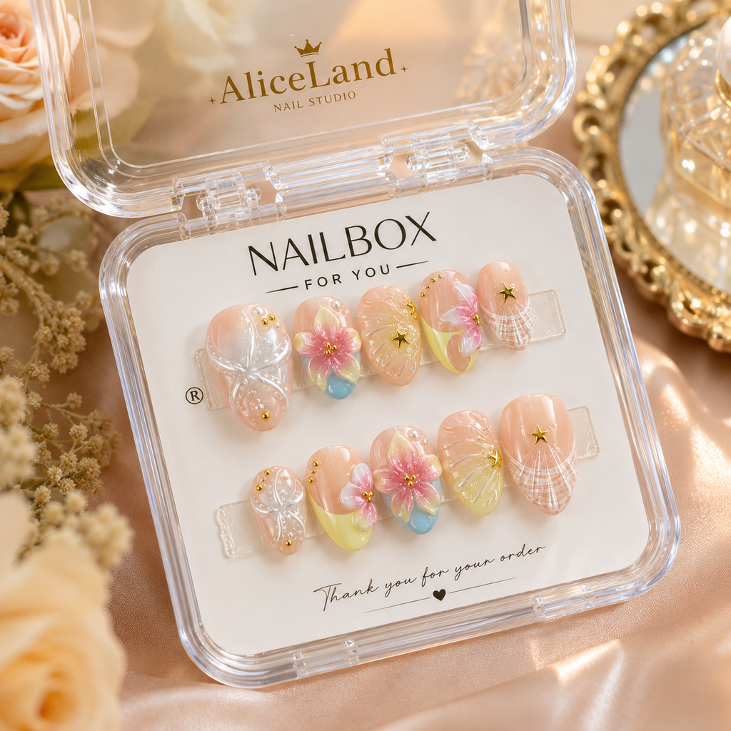Tropical blossom almond press on nails with 3D hibiscus flowers and shell design