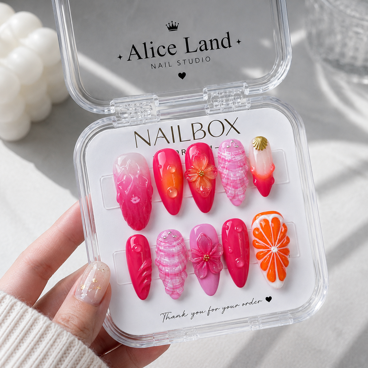 Tropical Sunset almond press on nails with 3D tropical flower, shell and citrus design