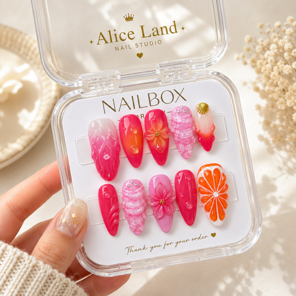 Tropical Sunset almond press on nails with 3D tropical flower, shell and citrus design
