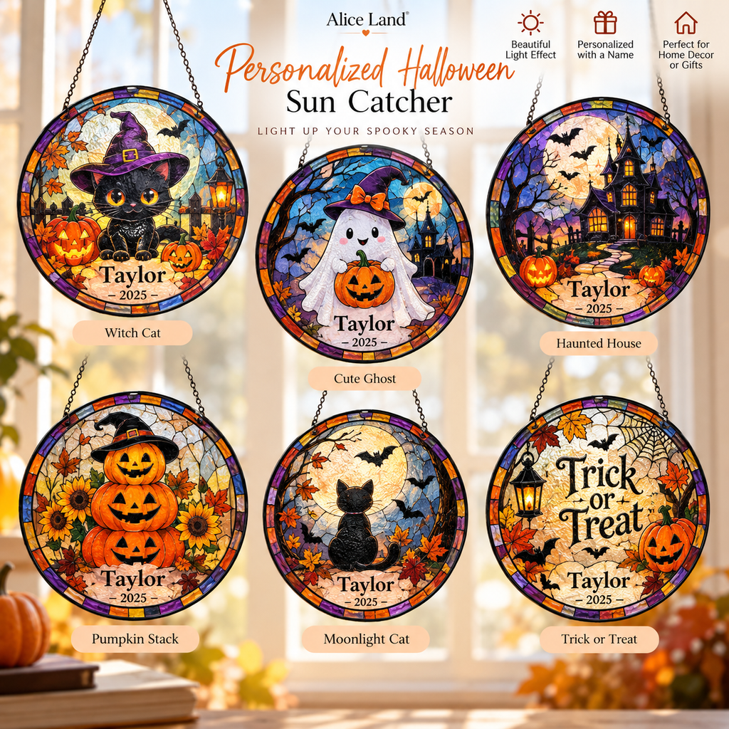 Personalized Halloween glass suncatcher collection with six designs