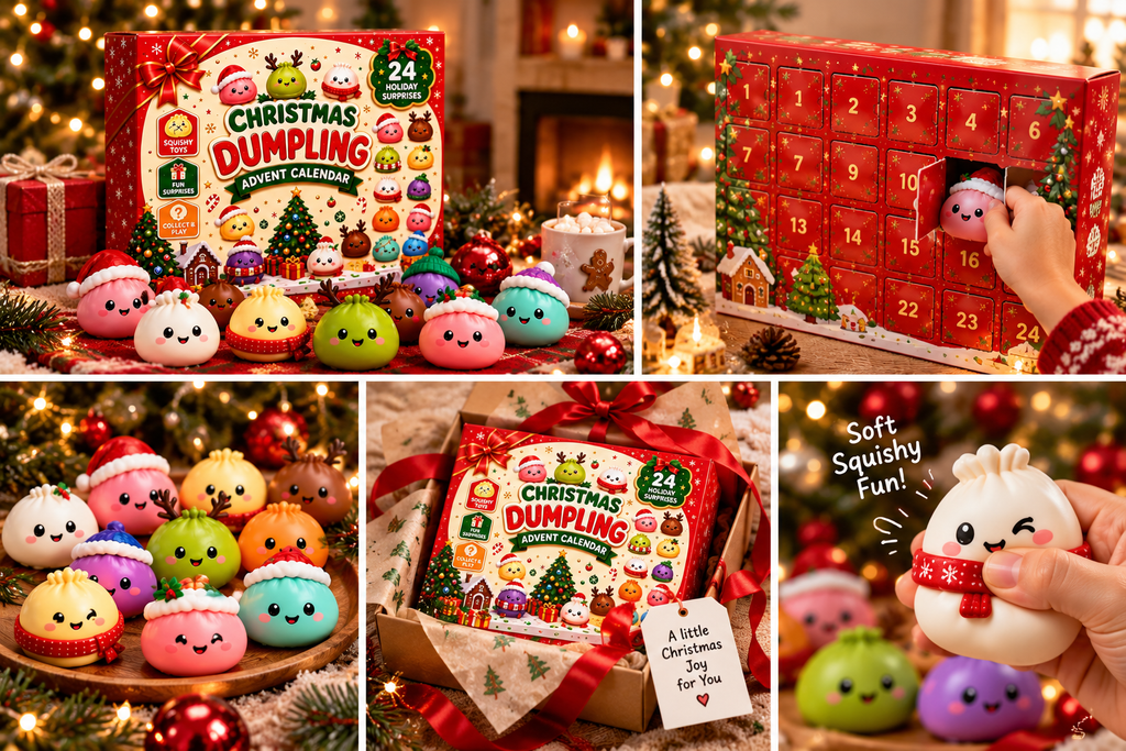 Mystery dumpling advent calendar unboxing and Christmas squishy toy scenes