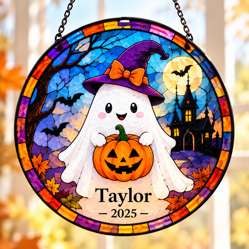 Cute Ghost personalized Halloween glass suncatcher