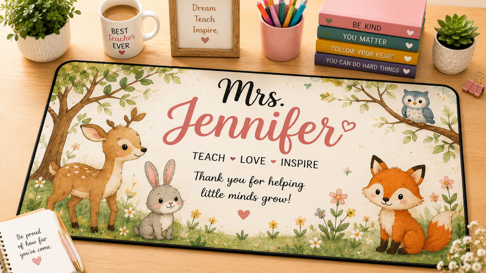 Personalized Teacher Desk Mat | Cute Animal Theme | Custom Name Kindergarten Teacher Gift | Teacher Appreciation Desk Pad