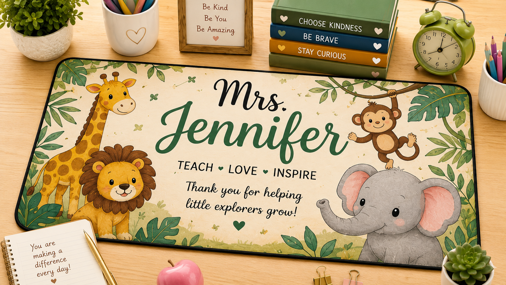 Personalized Teacher Desk Mat | Cute Animal Theme | Custom Name Kindergarten Teacher Gift | Teacher Appreciation Desk Pad