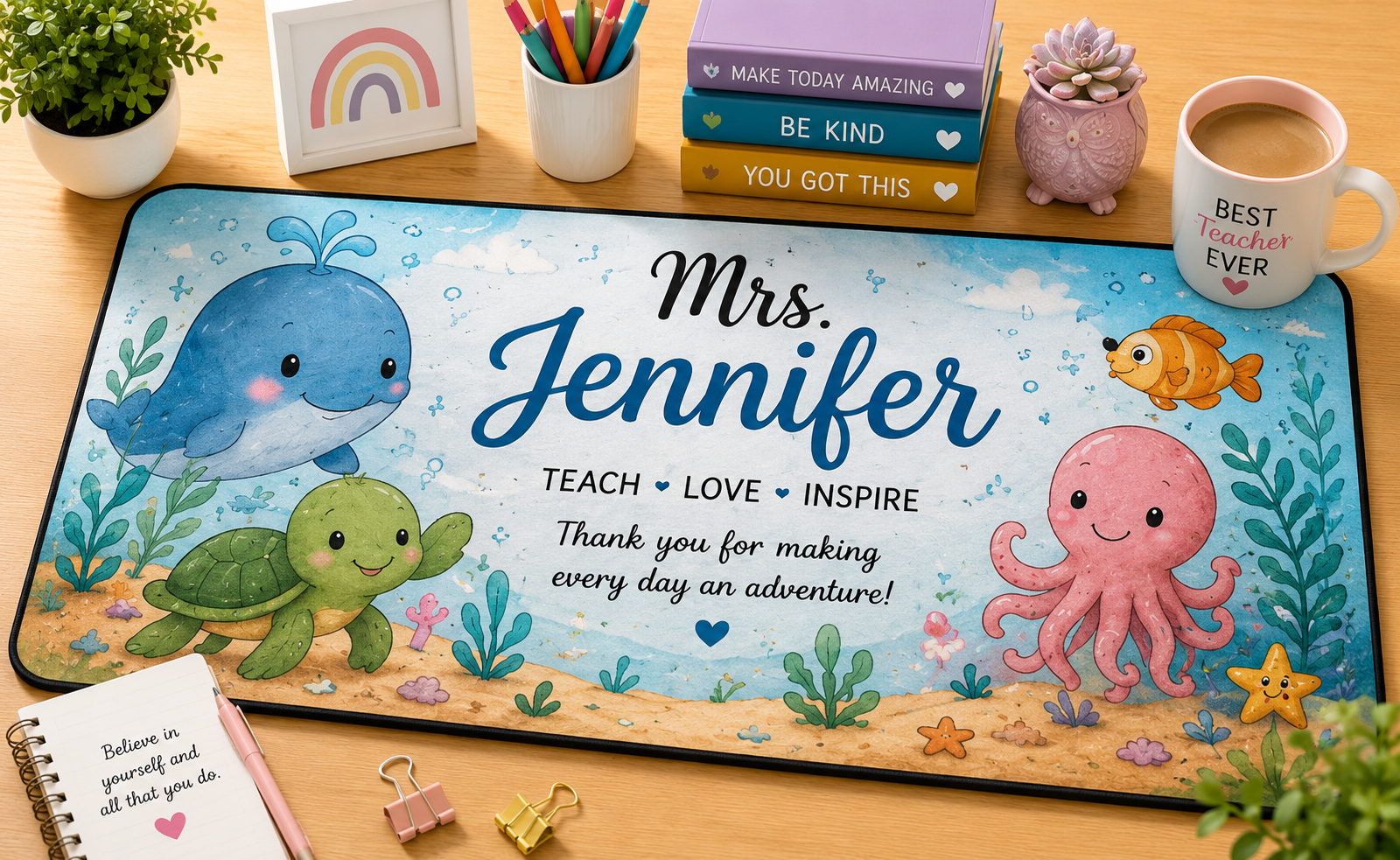 Personalized Teacher Desk Mat | Cute Animal Theme | Custom Name Kindergarten Teacher Gift | Teacher Appreciation Desk Pad