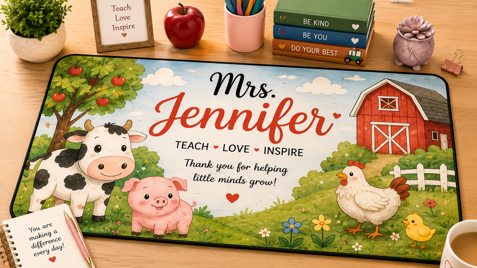 Personalized Teacher Desk Mat | Cute Animal Theme | Custom Name Kindergarten Teacher Gift | Teacher Appreciation Desk Pad