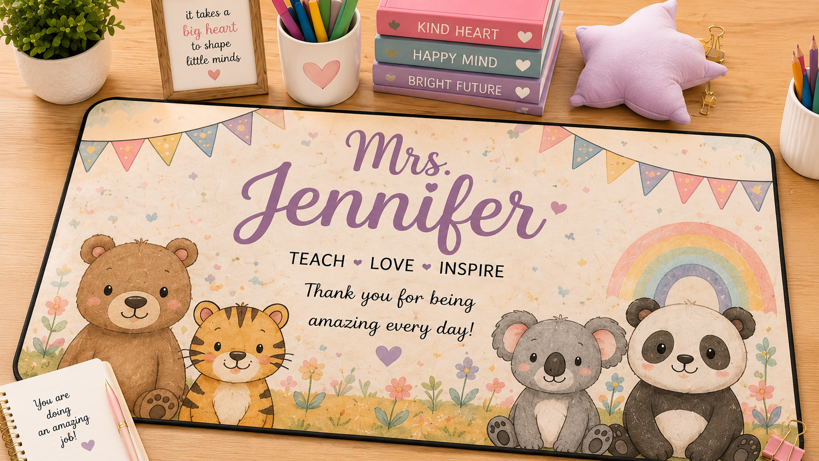 Personalized Teacher Desk Mat | Cute Animal Theme | Custom Name Kindergarten Teacher Gift | Teacher Appreciation Desk Pad