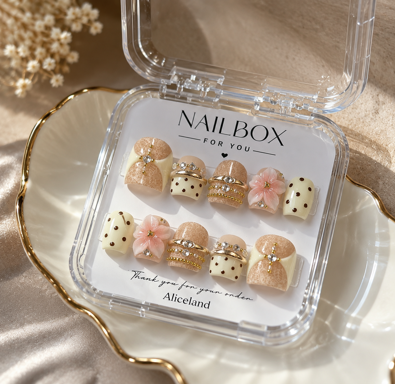 Beige floral square press on nails with 3D flower and rhinestones