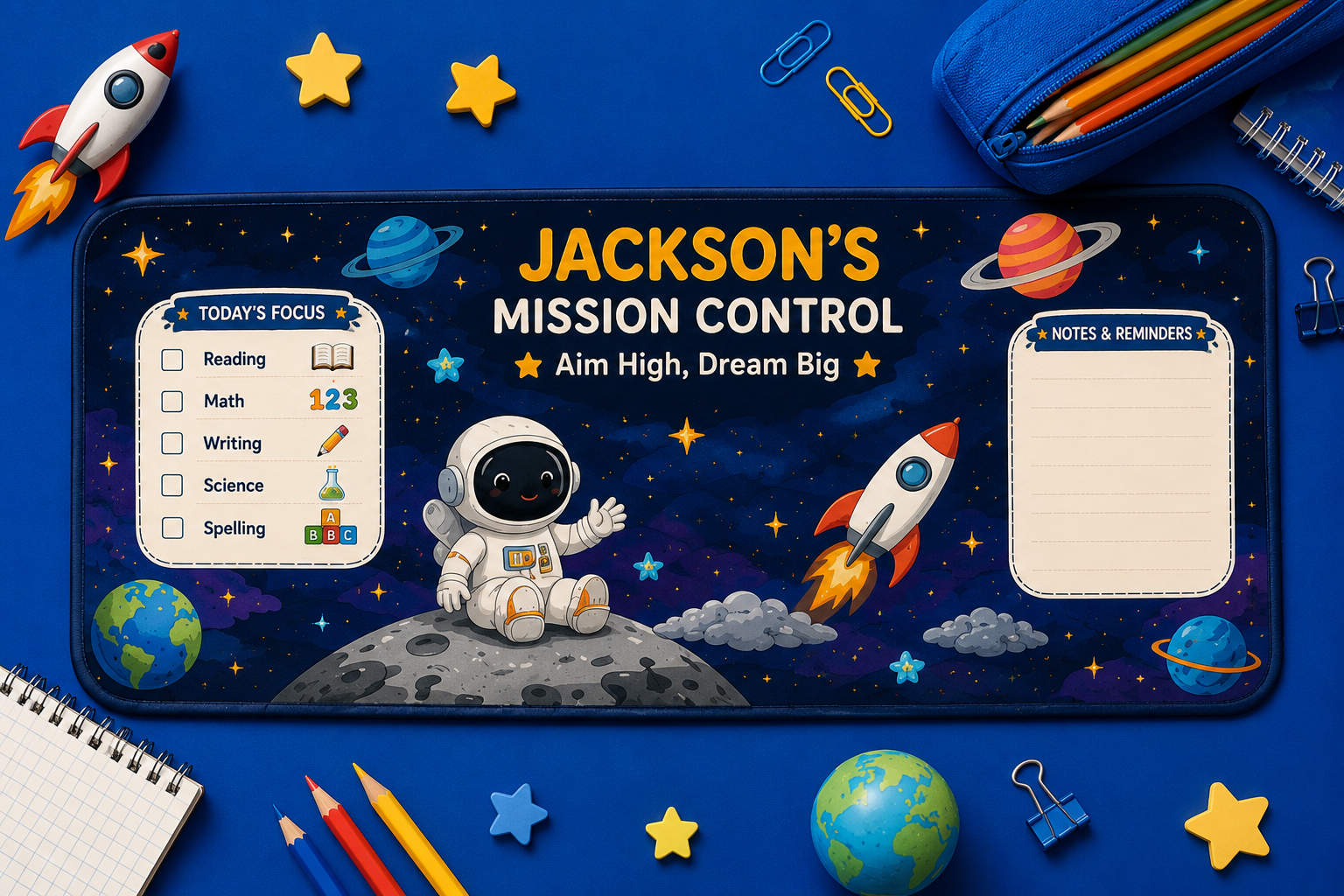 Personalized Space Desk Mat | Custom Galaxy Homework Desk Pad | Kids Astronaut Gift