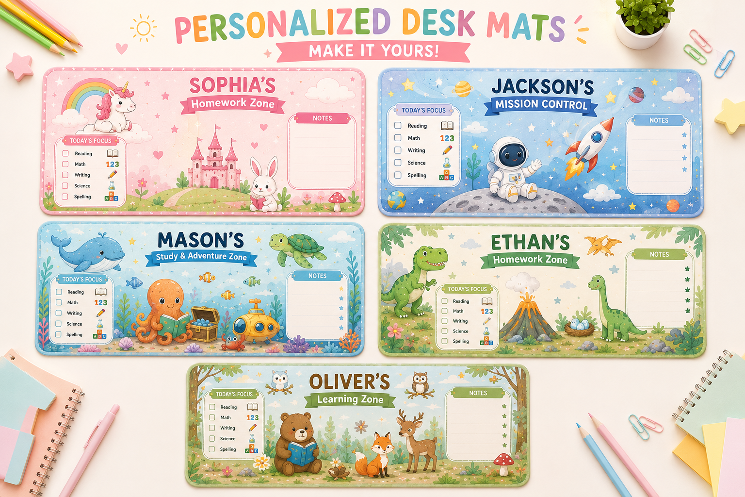 Personalized Dinosaur Desk Mat for Kids | Custom Name Homework Desk Pad | Back to School Gift