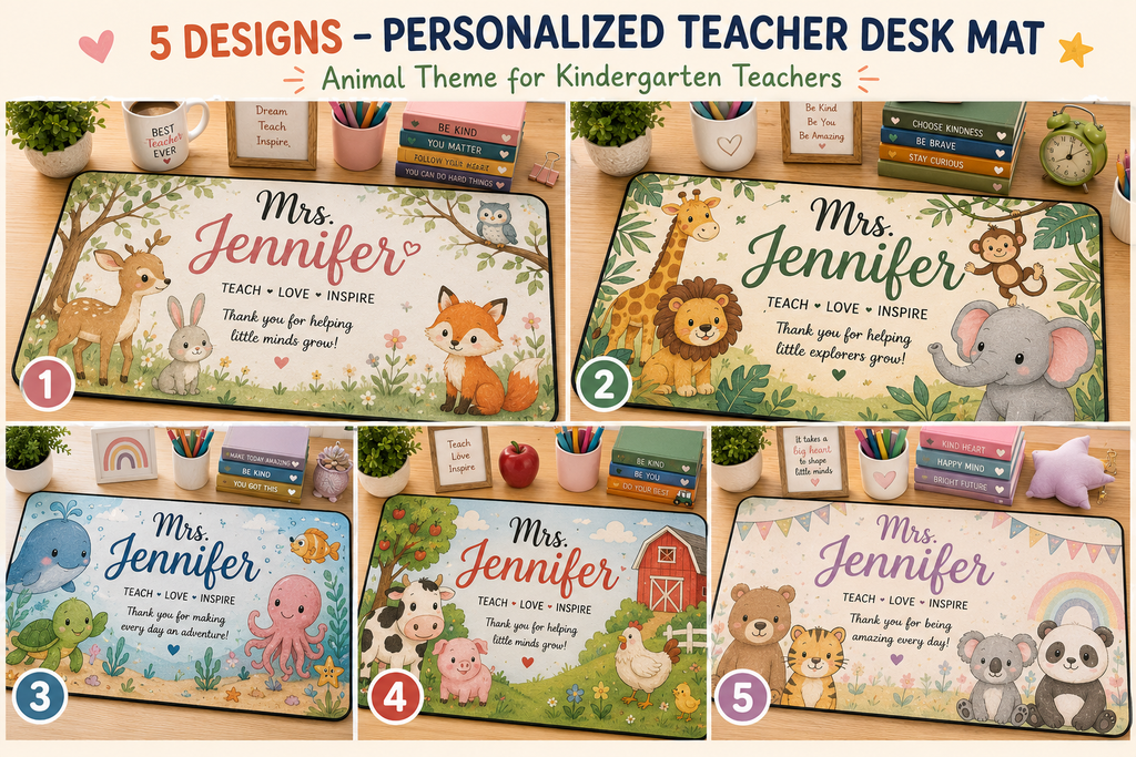 Personalized Teacher Desk Mat | Cute Animal Theme | Custom Name Kindergarten Teacher Gift | Teacher Appreciation Desk Pad