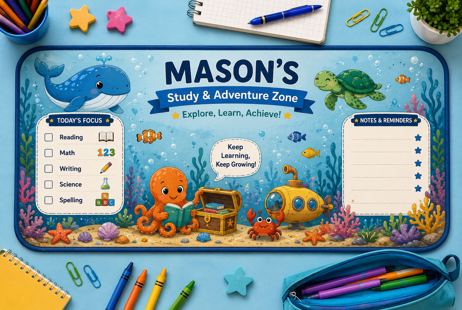 Personalized Study Desk Mat | Custom Name Learning Desk Pad