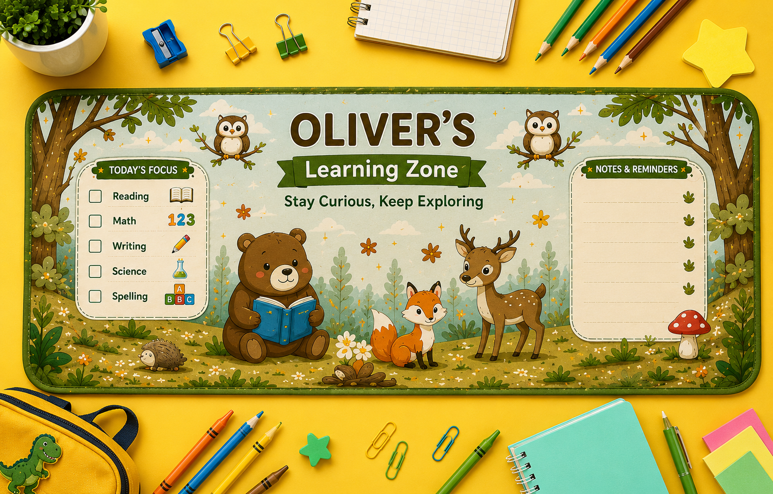 Personalized Woodland Desk Mat | Forest Animal Study Desk Pad | Custom Kids Gift