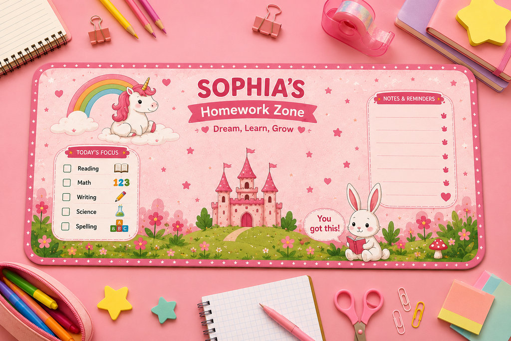 Personalized Unicorn Desk Mat | Custom Name Study Desk Pad | Magical Back to School Gift for Girls