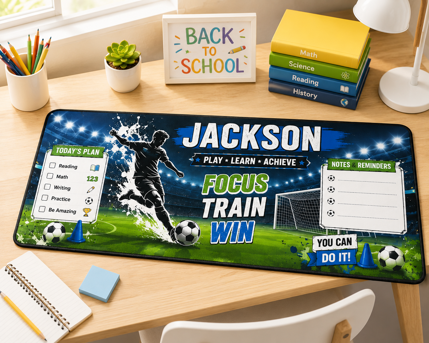 Personalized Soccer Desk Mat | Custom Name Football Desk Pad | Back to School Gift for Kids