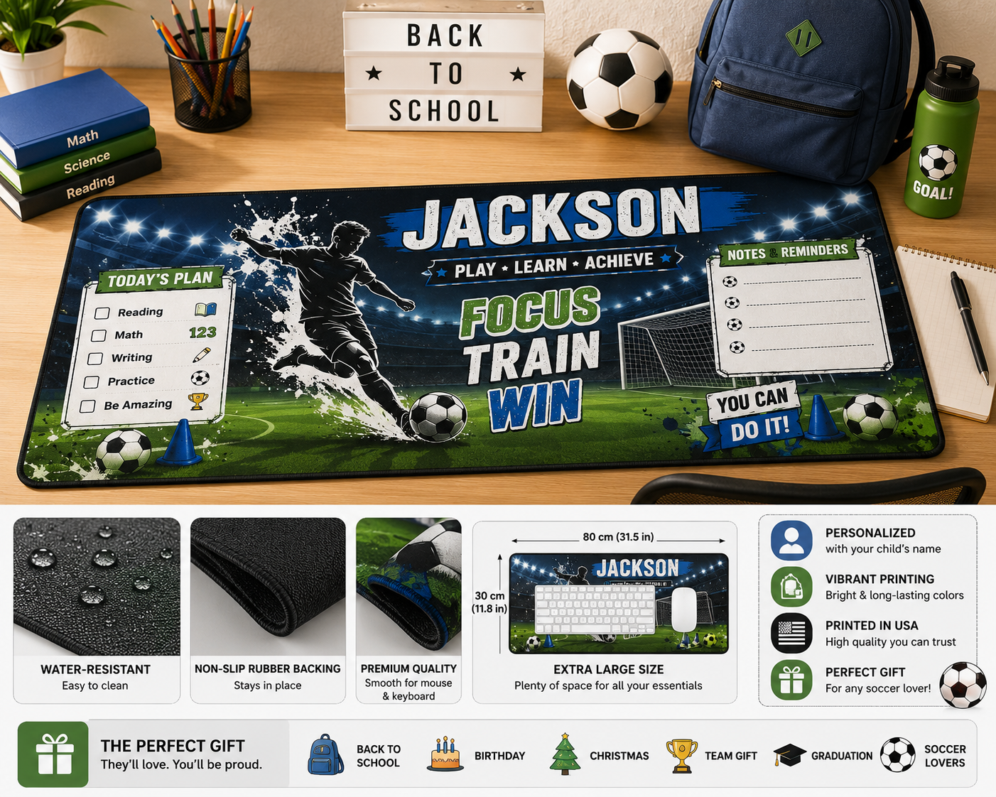 Personalized Soccer Desk Mat | Custom Name Football Desk Pad | Back to School Gift for Kids