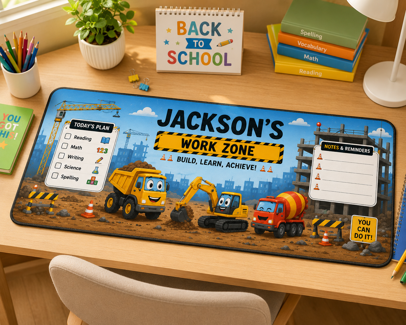 Personalized Construction Truck Desk Mat | Custom Kids Homework Desk Pad | Back to School Gift